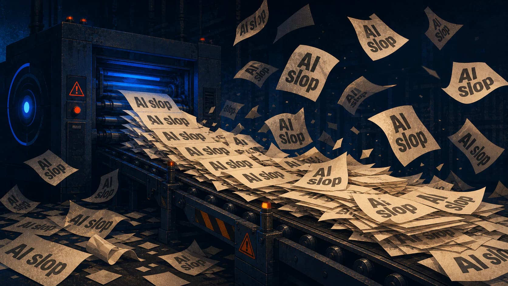An industrial printer overwhelms a conveyor belt with papers labelled AI slop, which fly through a dark factory.