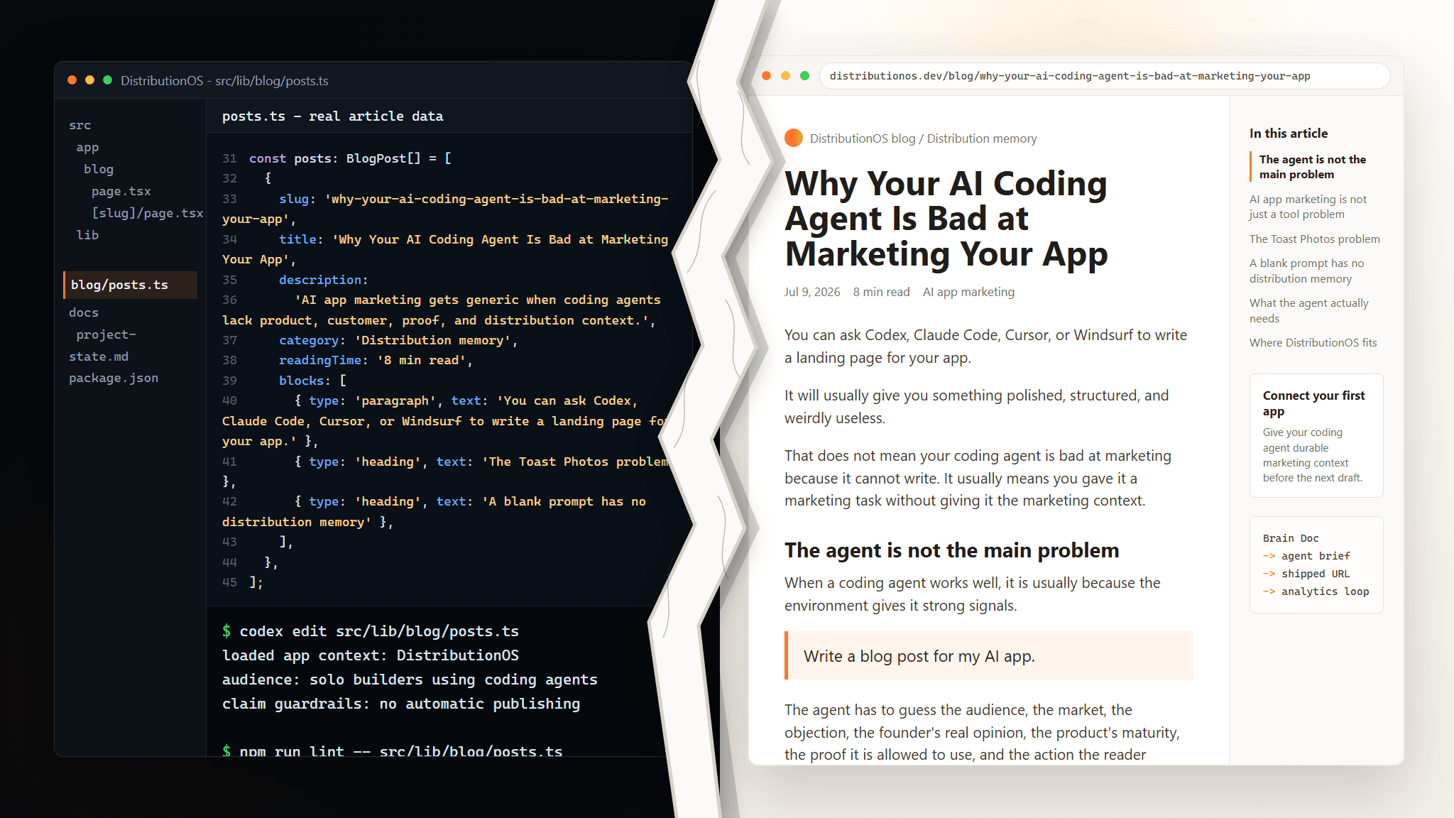 A readable coding session on the left is separated by a torn-paper divide from the formatted DistributionOS blog post on the right.